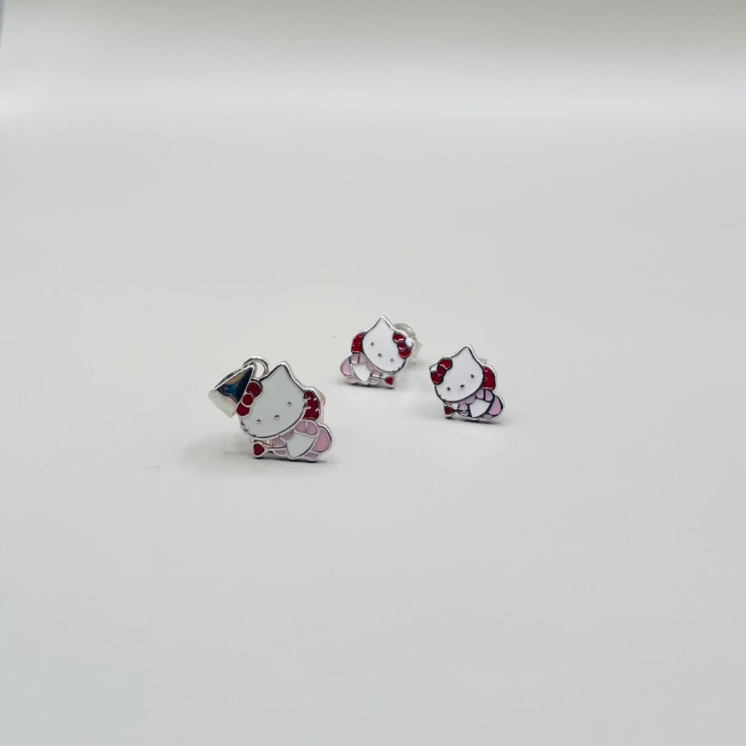 Cute Kitty 925 Silver Pendant & Earrings Set for Kids