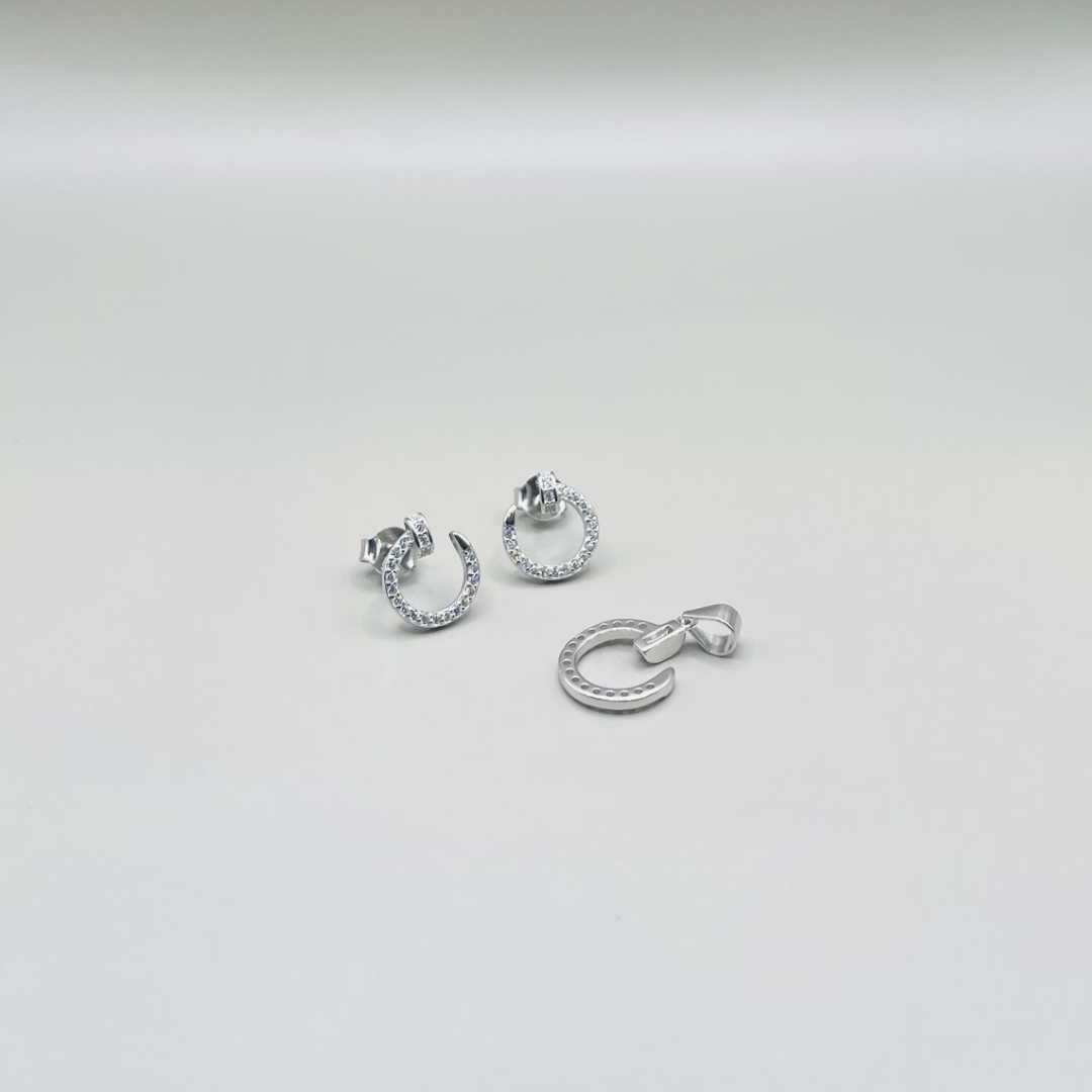 925 Silver Half Hoop Pendant & Earrings Jewelry Combo